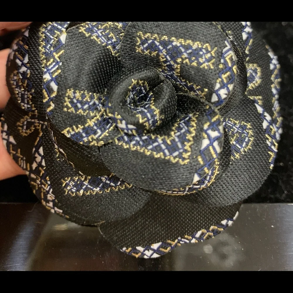 CHANEL Black Camellia Flower Brooch with Gold & Blue Stitching